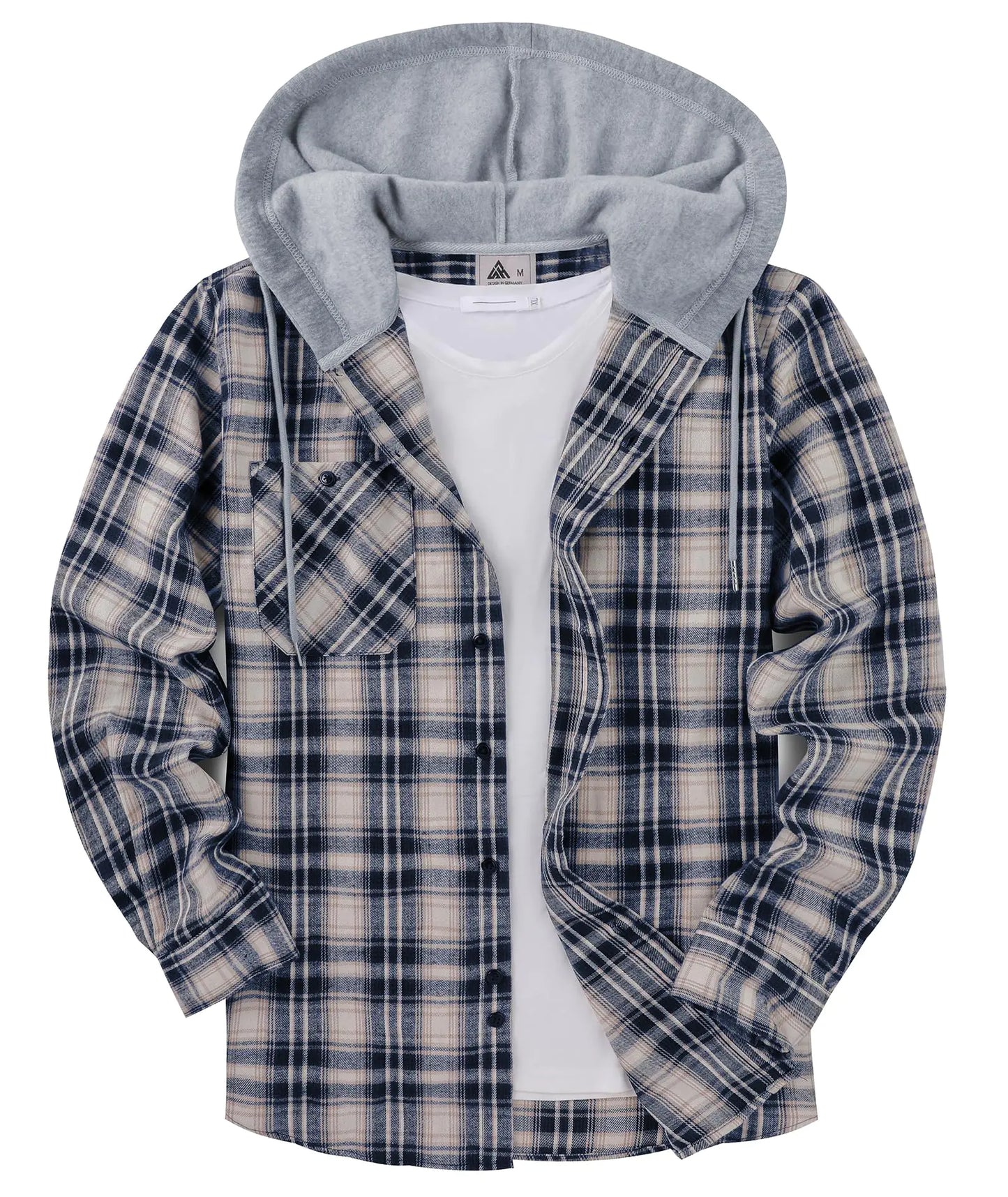 Mens Flannel Shirt Plaid Hoodie Long Sleeve Fall Casual Button Down Shirts Dark Blue White XXX-Large